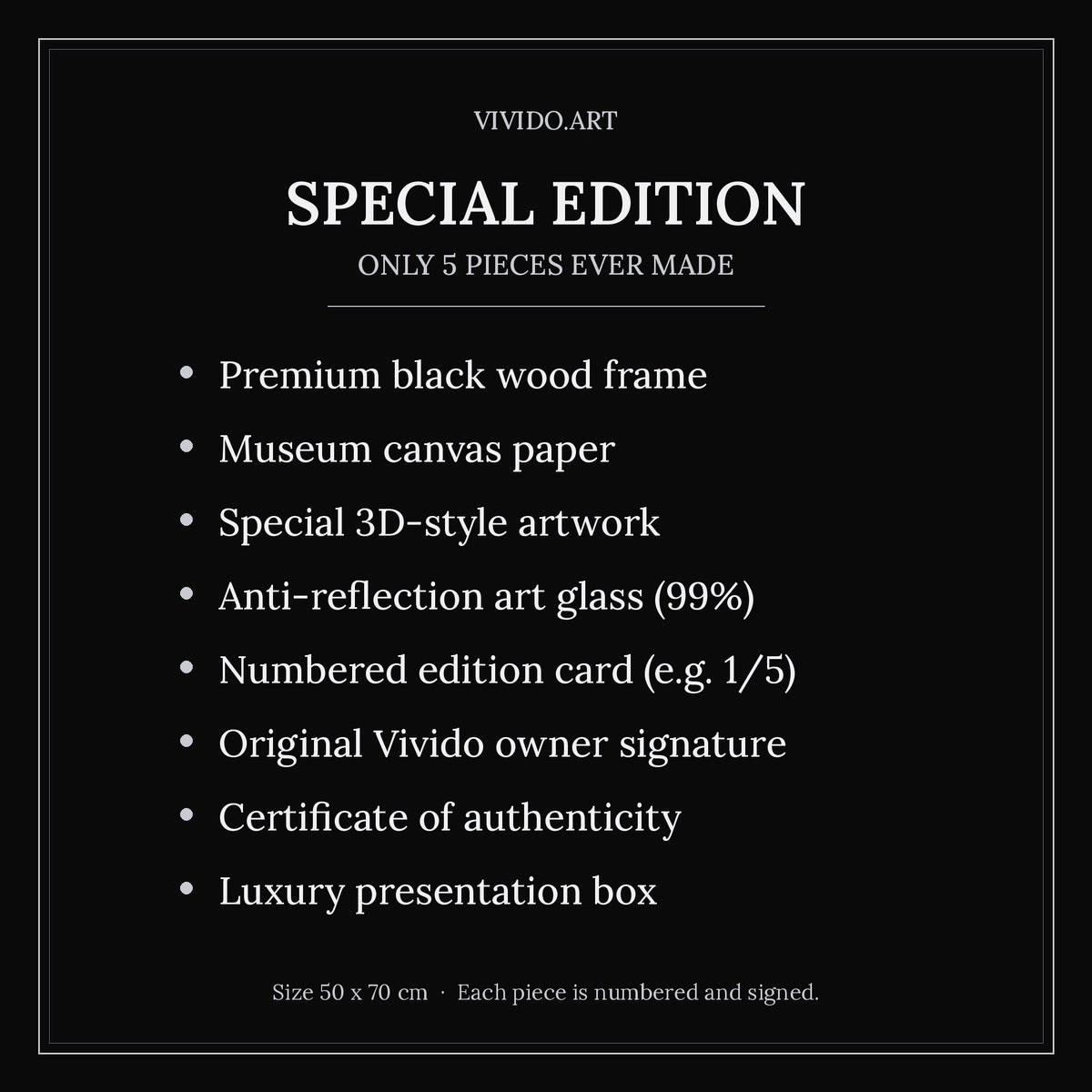 Special Edition details: only 5 pieces, numbered, signed, certificate, luxury box, size 50x70 cm