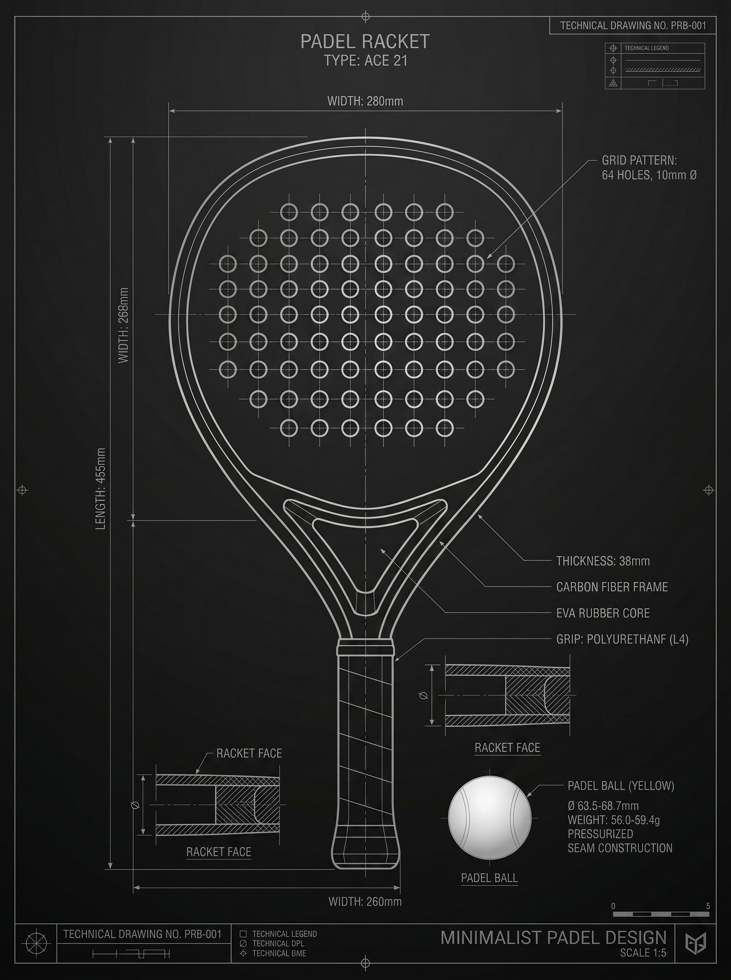 Technical drawing of a padel racket with specifications on a black background
