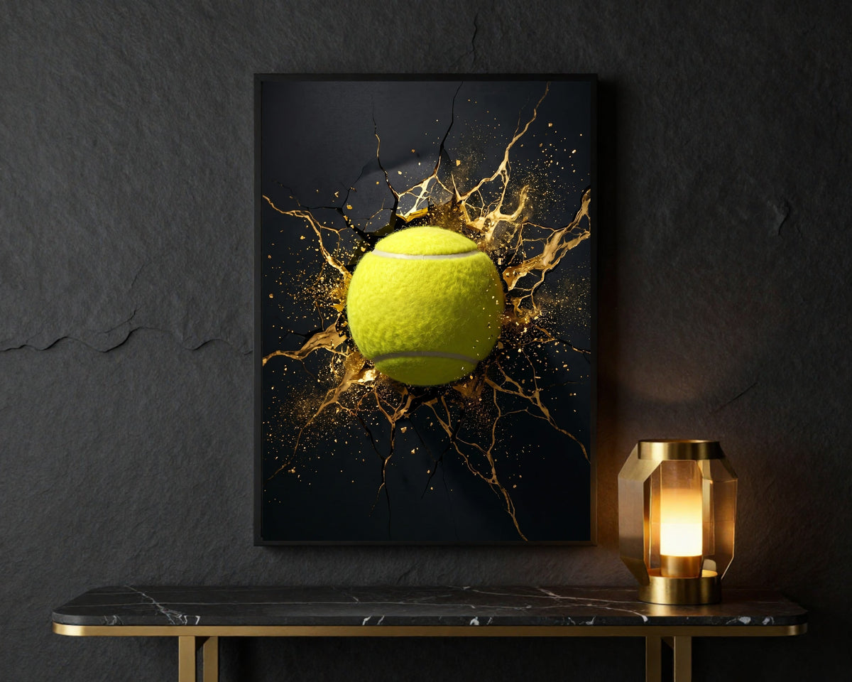 Golden Impact limited edition padel wall art on a dark stone wall above a marble console