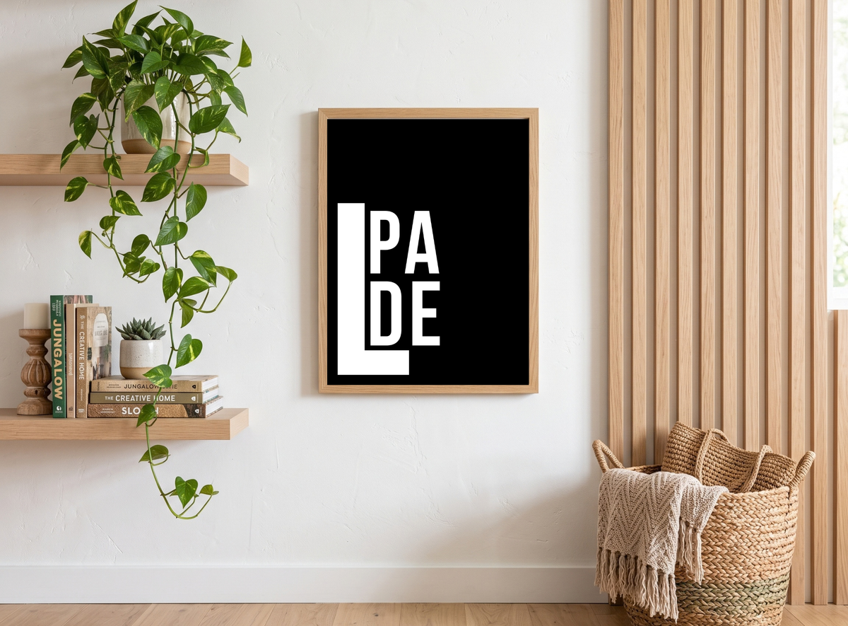 PADEL typography canvas in a bright room with plants and oak slat wall