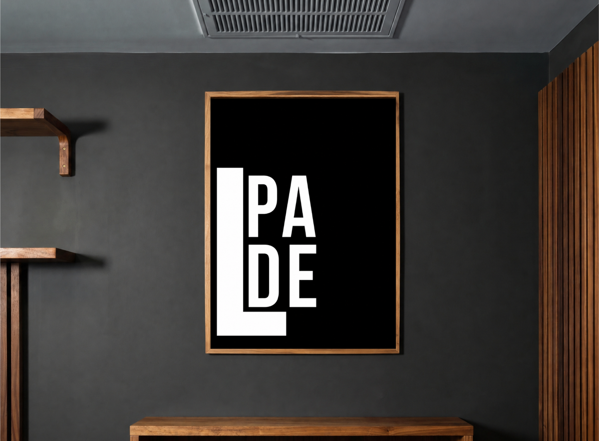 Minimalist black and white PADEL typography wall art on a dark charcoal wall