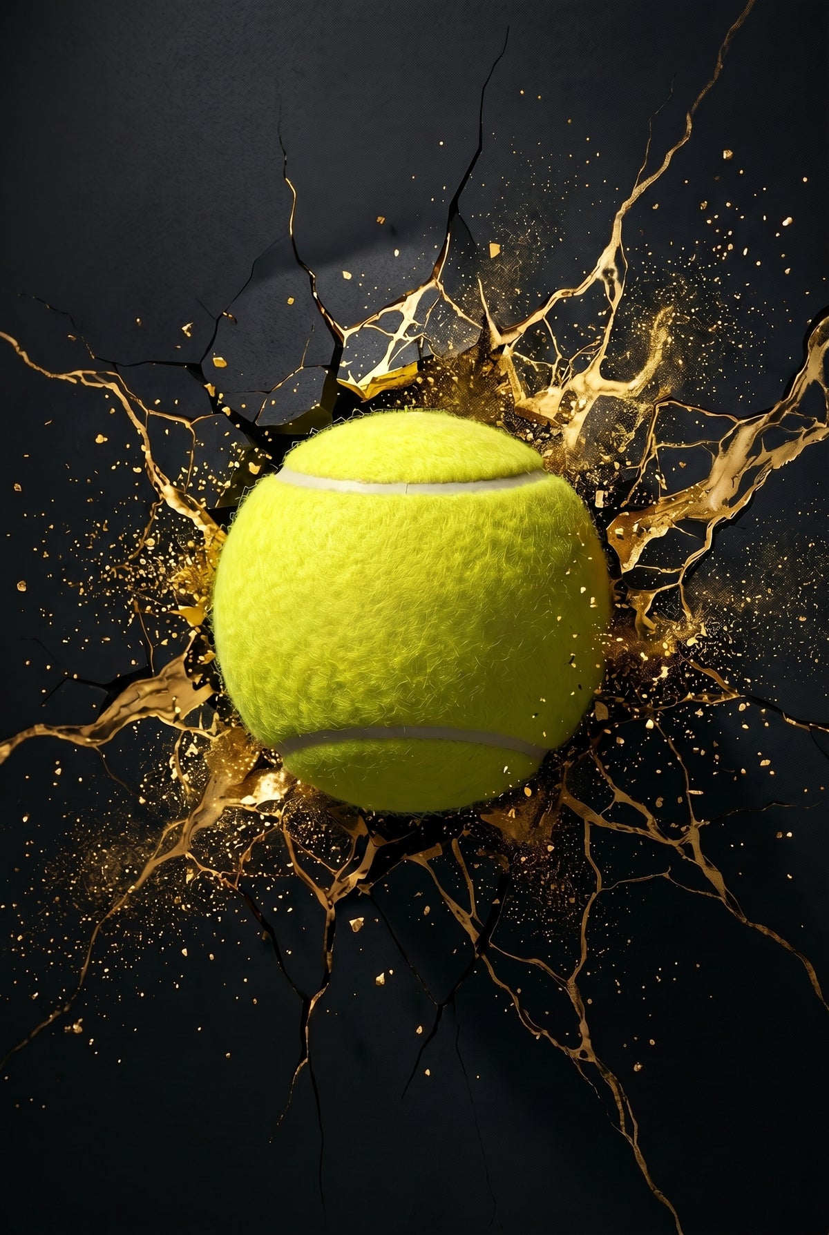 Golden Impact artwork: padel ball bursting through a cracked black wall with liquid gold