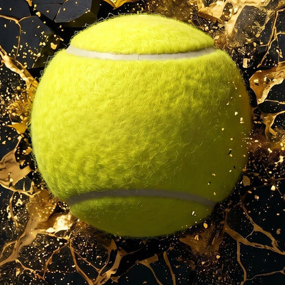 Close-up of the 3D-style padel ball and gold cracks on museum canvas