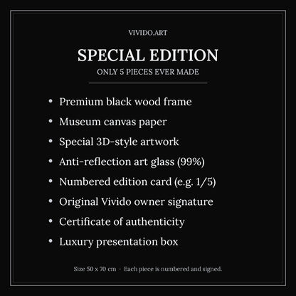 Special Edition details: only 5 pieces, numbered, signed, certificate, luxury box, size 50x70 cm