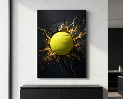 Golden Impact special edition padel wall art in a black wood frame, hung in a bright modern interior