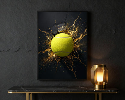 Golden Impact framed wall art on a dark stone wall above a marble and gold console with a lamp
