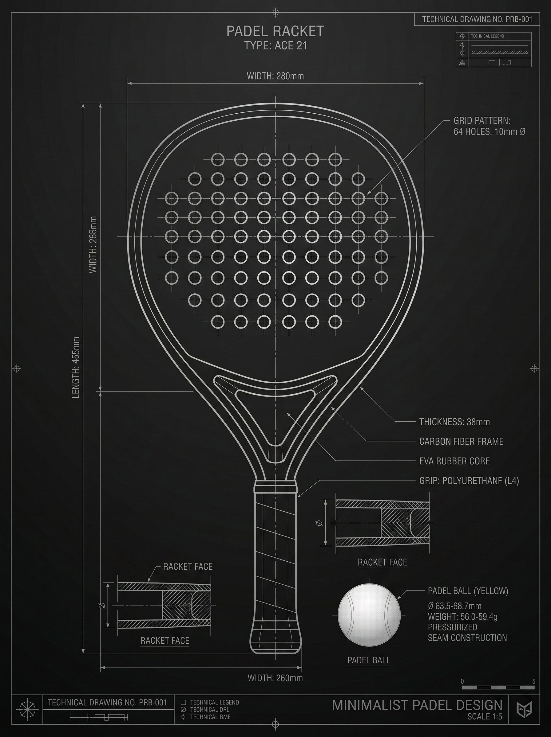 Technical drawing of a padel racket with specifications on a black background