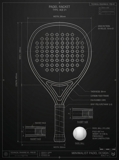 Technical drawing of a padel racket with specifications on a black background